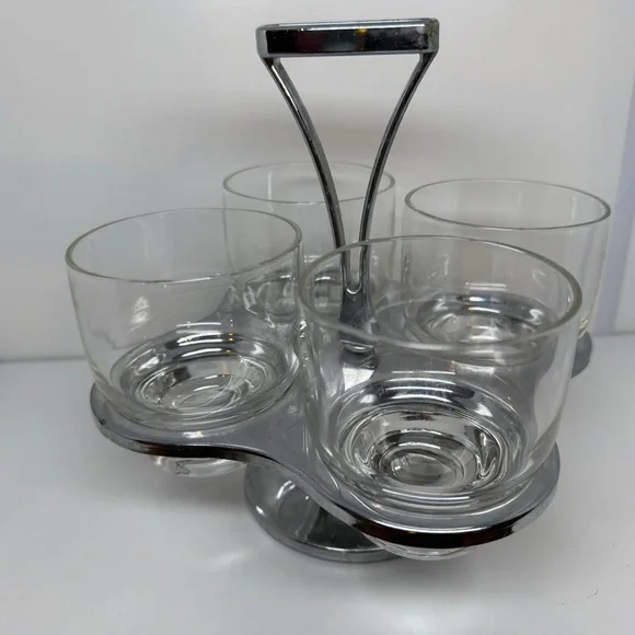 MCM Vintage Barware 1960s Chrome Caddy & Rotating Lazy Susan Set of 4 Glasses - Picture 4 of 9